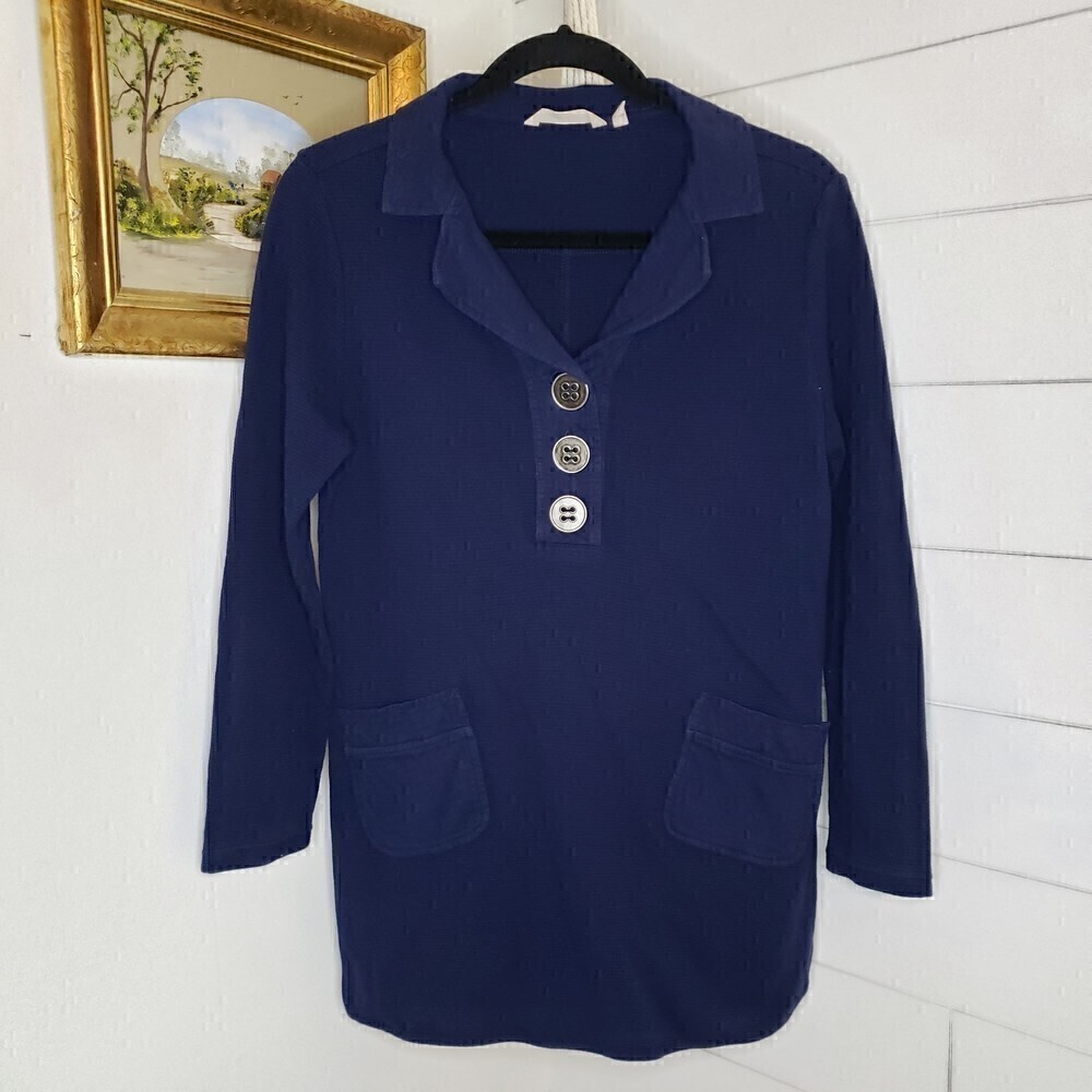 Soft Surroundings Take Two Tunic Waffle Knit Collared Navy PS